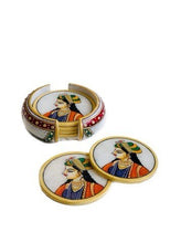 Load image into Gallery viewer, Marble Coasters with Rajasthani Lady Design – Set of 6 Round Handmade Indian Tea Coasters