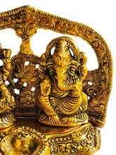 Load image into Gallery viewer, Lakshmi & Ganesh with Diya – Golden Metal Oxidised Ornament | Hindu Home Temple Décor