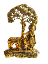 Load image into Gallery viewer, Lord Krishna with Cow Under Tree – Golden Metal Oxidised Statue | Hindu Home Temple Décor