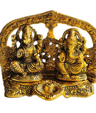 Load image into Gallery viewer, Lakshmi & Ganesh with Diya – Golden Metal Oxidised Ornament | Hindu Home Temple Décor
