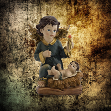 Load image into Gallery viewer, Blue Guardian Angel with Baby Jesus – Handpainted Resin Figurine (14 cm)