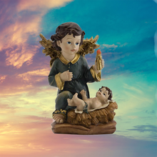 Load image into Gallery viewer, Blue Guardian Angel with Baby Jesus – Handpainted Resin Figurine (14 cm)