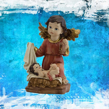 Load image into Gallery viewer, Red Guardian Angel with Baby Jesus – Handpainted Resin Figurine (14 cm)