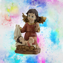 Load image into Gallery viewer, Red Guardian Angel with Baby Jesus – Handpainted Resin Figurine (14 cm)