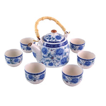 Load image into Gallery viewer, Peony Porcelain Tea Set – 7-Piece Set | Blue &amp; White Teapot with Bamboo Handle + 6 Matching Cups
