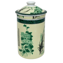 Load image into Gallery viewer, Bamboo Poetry Infuser Mug – Porcelain Tea Mug with Lid &amp; Strainer | Bamboo Leaves &amp; Calligraphy Design
