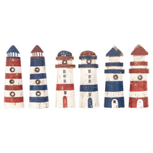 Load image into Gallery viewer, Set of 6 Wooden Lighthouse Fridge Magnets – 6cm Coastal Décor
