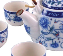 Load image into Gallery viewer, Peony Porcelain Tea Set – 7-Piece Set | Blue &amp; White Teapot with Bamboo Handle + 6 Matching Cups
