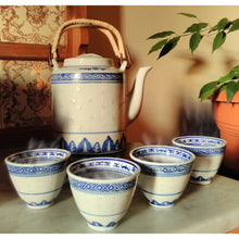 Load image into Gallery viewer, Rice Pattern Porcelain Teapot – Blue &amp; White with Twin Bamboo Handles | 1.25L Capacity
