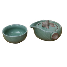 Load image into Gallery viewer, Goldfish Porcelain Tea Set for One – Crackled Ru-Ware Style | Nesting Teapot &amp; Cup with Fan-Tailed Lid
