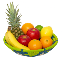 Load image into Gallery viewer, Fair Trade Raffia Fruit Basket – Lime Blue White 24cm Handmade Madagascar
