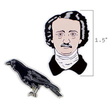 Load image into Gallery viewer, Edgar Allan Poe &amp; The Raven Enamel Pin Set – Literary Gothic Lapel Pins
