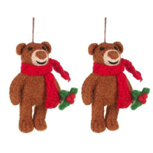 Load image into Gallery viewer, Set of 2 Felt Bears with Red Scarves – Fair Trade Hanging Decorations
