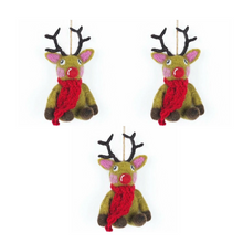 Load image into Gallery viewer, Set of 3 Reindeers with Knitted Scarf – Handmade Felt Hanging Decorations | Fair Trade &amp; Eco Friendly
