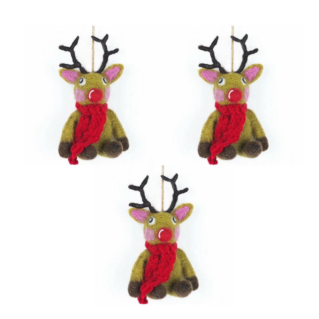 Set of 3 Reindeers with Knitted Scarf – Handmade Felt Hanging Decorations | Fair Trade & Eco Friendly