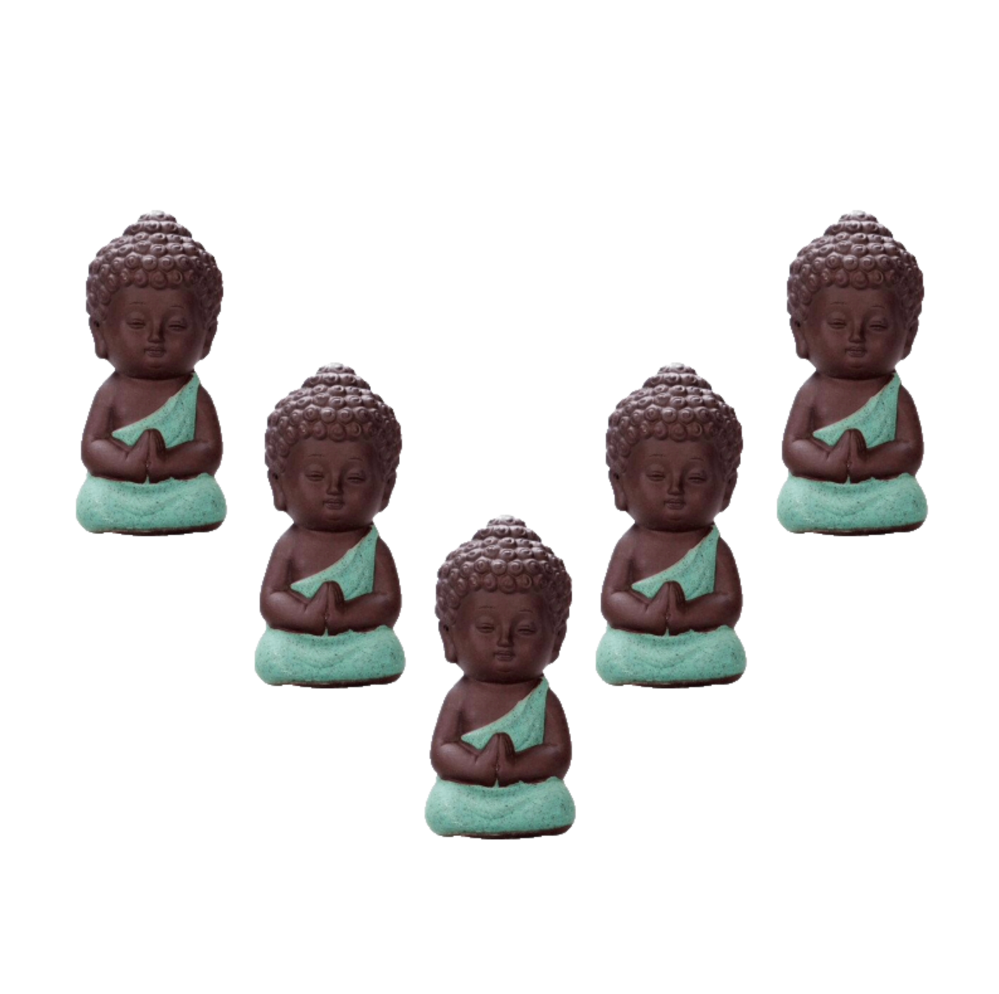 Set of 5 Small Buddha Monk Figurines – Handmade Pottery Spiritual Gift 8cm