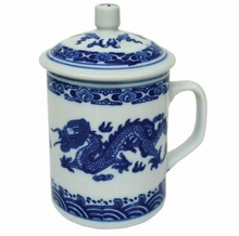 Load image into Gallery viewer, Double Chinese Dragon Mug with Lid – Blue &amp; White Porcelain (300ml)

