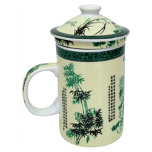 Load image into Gallery viewer, Bamboo Poetry Infuser Mug – Porcelain Tea Mug with Lid &amp; Strainer | Bamboo Leaves &amp; Calligraphy Design
