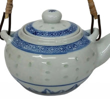 Load image into Gallery viewer, Rice Pattern Porcelain Tea Pot with Bamboo Handle – 500ml Blue White
