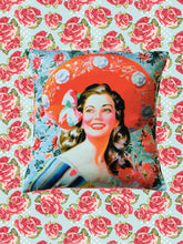 Load image into Gallery viewer, Mexican Lady with Hat Cushion Cover 35 x 35 cm – MexiPop Art by Wajiro Dream – Handmade in Mexico
