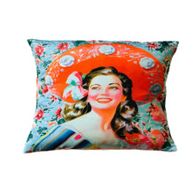 Load image into Gallery viewer, Mexican Lady with Hat Cushion Cover 35 x 35 cm – MexiPop Art by Wajiro Dream – Handmade in Mexico
