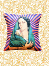 Load image into Gallery viewer, Mexican Lady with Scarf Cushion Cover 35 x 35 cm – MexiPop Art Design by Wajiro Dream – Handmade in Mexico
