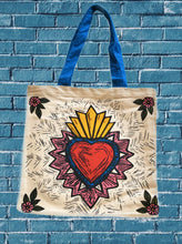 Load image into Gallery viewer, Mexican Ex-Voto Heart Tote Bag – 100% Cotton – Handmade in Mexico – Wajiro Dream MexiPop Art Design
