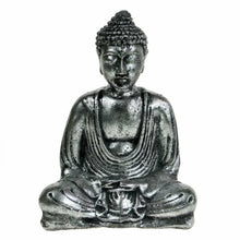 Load image into Gallery viewer, Silver Buddha Ornament 17cm Stone Cast Meditation Pose – Fair Trade Handmade
