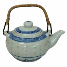 Load image into Gallery viewer, Rice Pattern Porcelain Tea Pot with Bamboo Handle – 500ml Blue White
