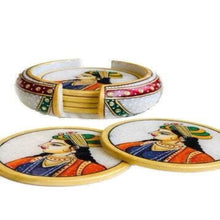 Load image into Gallery viewer, Marble Coasters with Rajasthani Lady Design – Set of 6 Round Handmade Indian Tea Coasters
