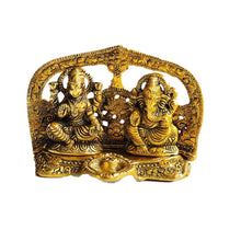 Load image into Gallery viewer, Lakshmi &amp; Ganesh with Diya – Golden Metal Oxidised Ornament | Hindu Home Temple Décor
