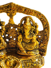 Load image into Gallery viewer, Lakshmi &amp; Ganesh with Diya – Golden Metal Oxidised Ornament | Hindu Home Temple Décor
