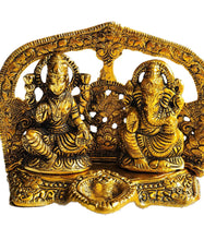 Load image into Gallery viewer, Lakshmi &amp; Ganesh with Diya – Golden Metal Oxidised Ornament | Hindu Home Temple Décor
