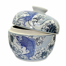 Load image into Gallery viewer, Fish &amp; Foam Porcelain Pot – Hokusai Great Wave Inspired, Blue &amp; White
