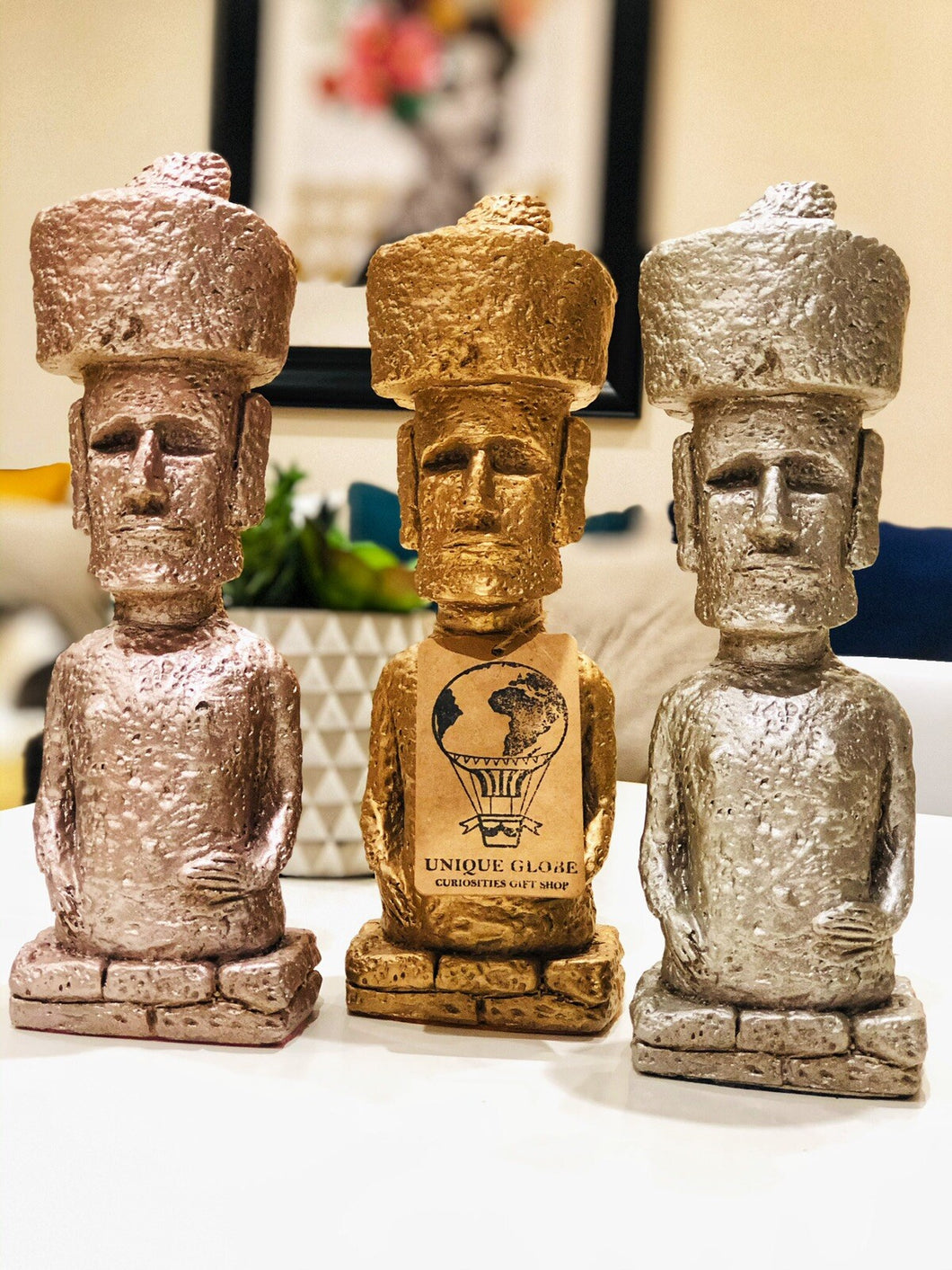 Set of 3 Moai with Pukao Statues – Easter Island Inspired Décor