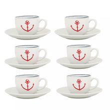 Load image into Gallery viewer, Set of 6 Ceramic Cups &amp; Saucers – Embedded Anchor Design | Nautical Style
