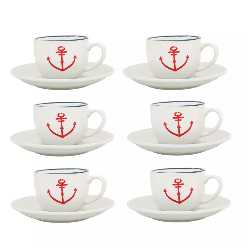 Set of 6 Cups and Saucers Maritime Anchor Ø: 9cm H: 8.5cme