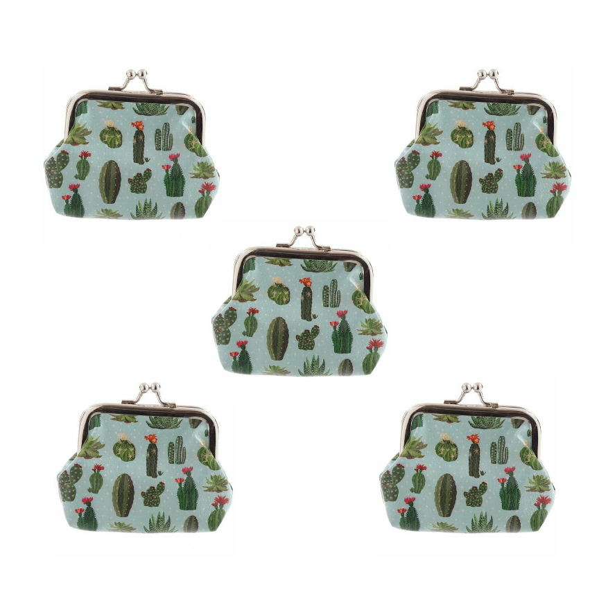 Set of 5 Mexican Cactus Mini Coin Purses – Fun Small PU Zipper Wallets