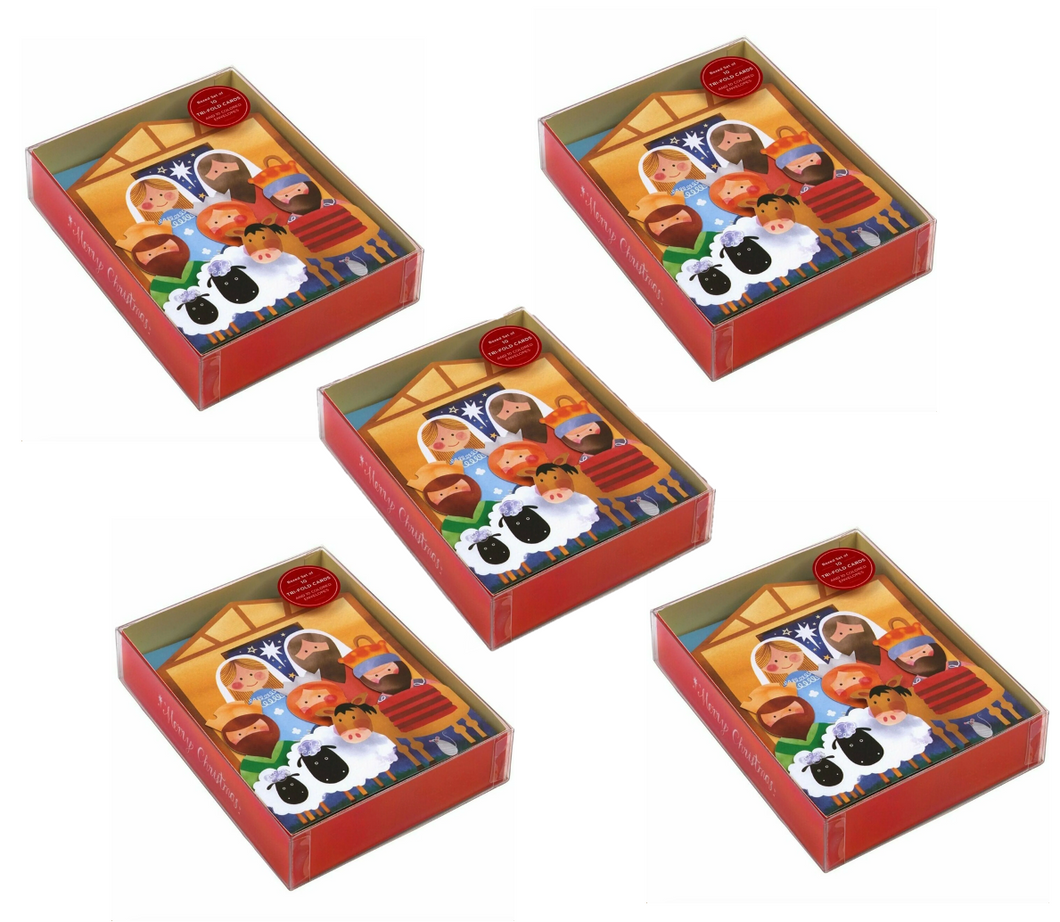 Set of 5 Boxes Nativity Tri-Fold Christmas Notecards Sets (10 Cards each)