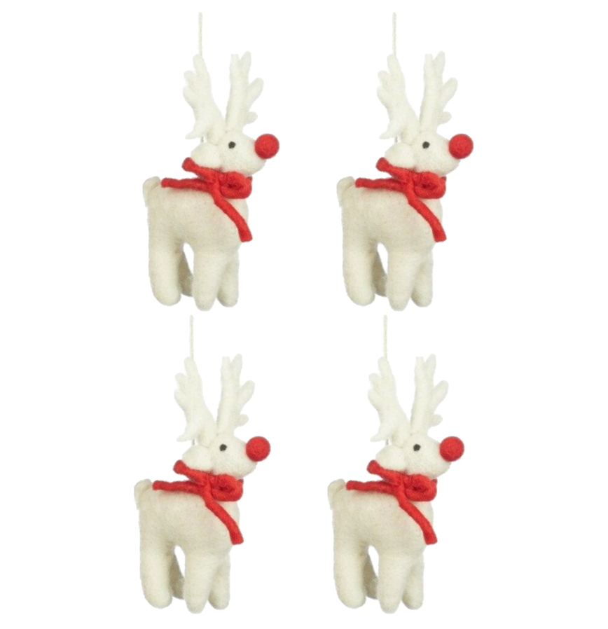 Set of 4 White Rudolph Hanging Decorations – Fair Trade Handmade Wool