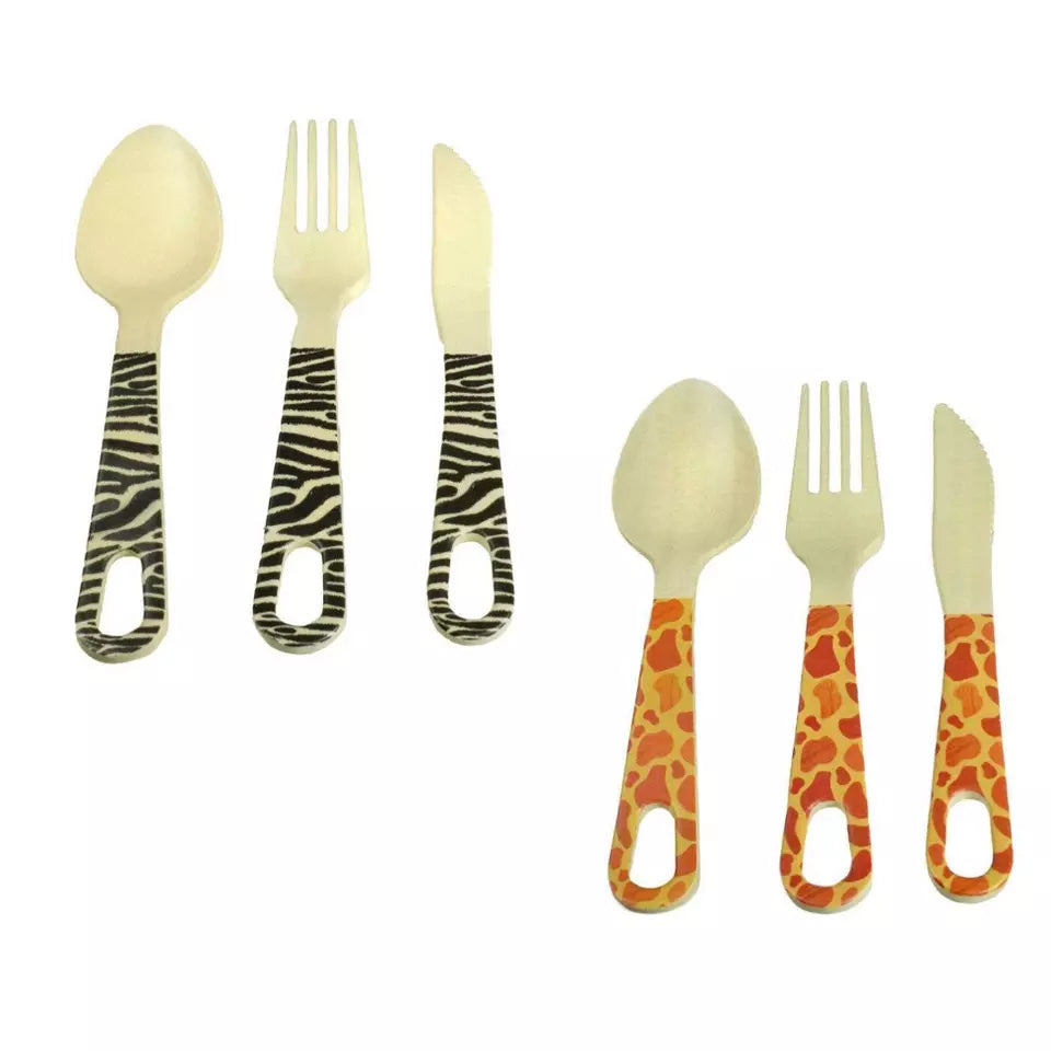 Set of 2 Organic Bamboo Cutlery Sets Giraffe & Zebra