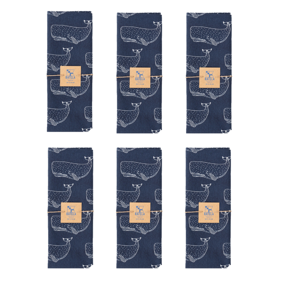 Set of 6 Cloths Whales Design 100% Cotton