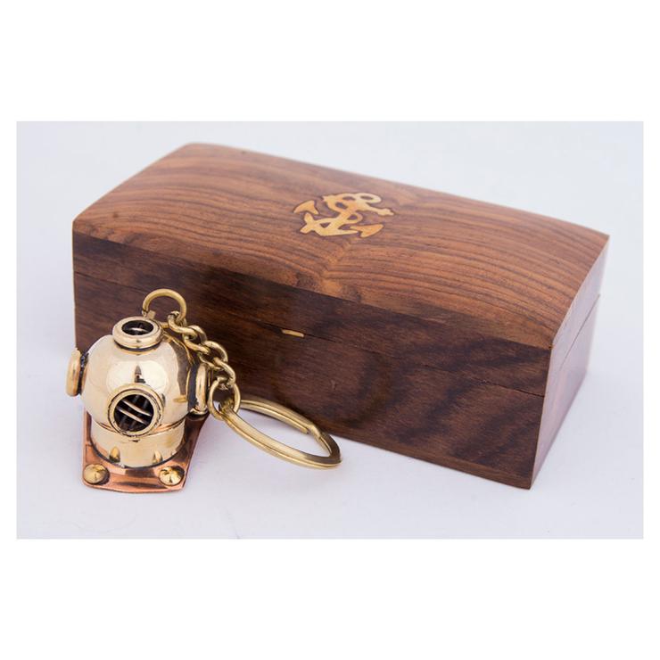 Brass Diving Helmet Key Ring with Wooden Box – Nautical Gift