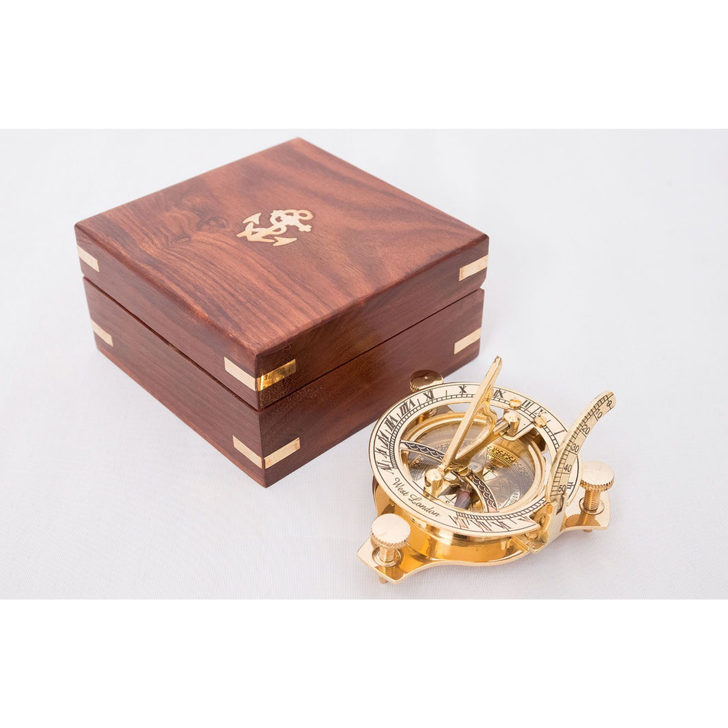 Brass Sundial Compass with Wooden Box