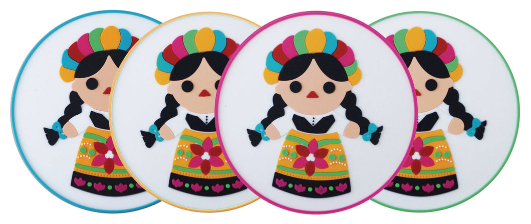 Set of 4 Silicone Coasters – Mexican Traditional Doll Design – Imported from Mexico