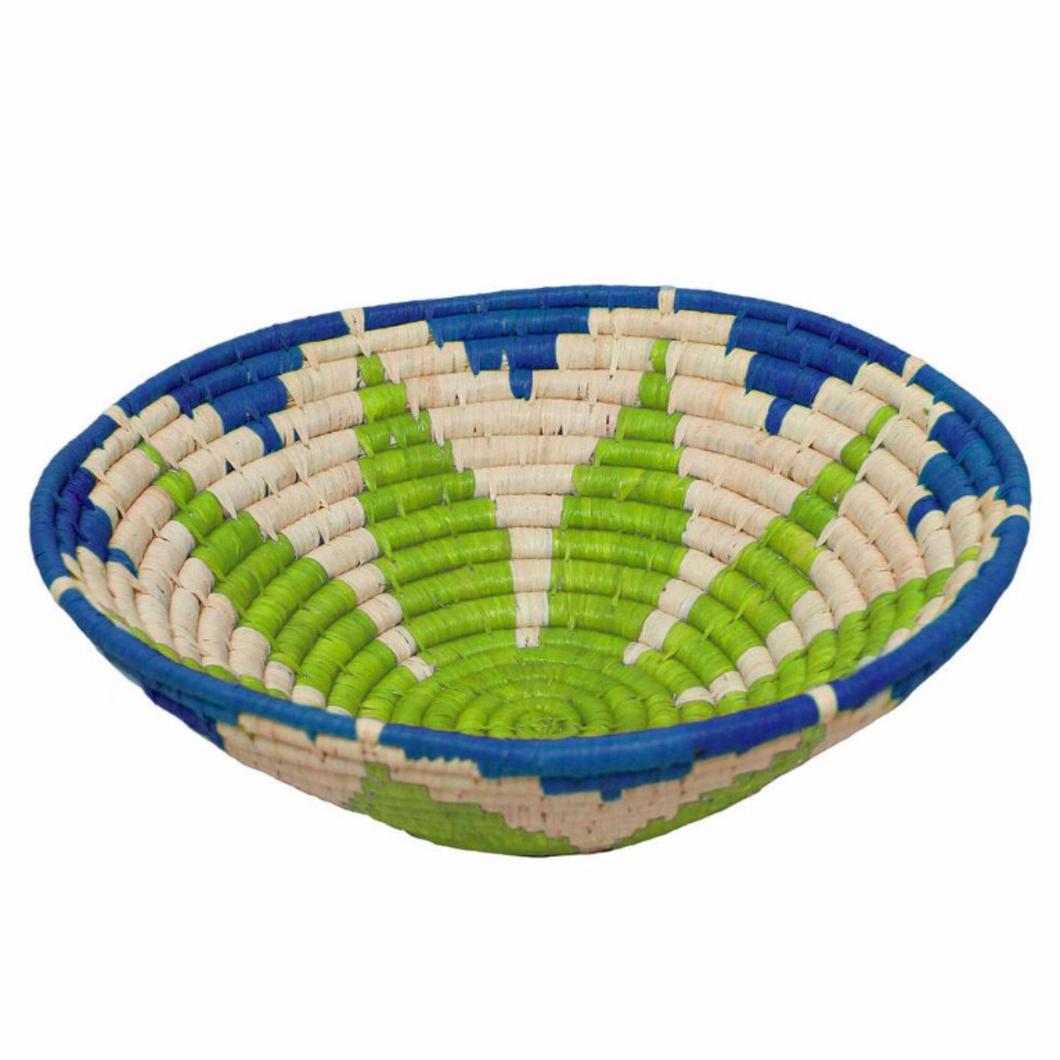 Raffia Fruit Basket Blue White Lime, 30cm. Fair Trade, Eco and Ethical Gifts for the Trade.