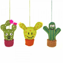 Load image into Gallery viewer, Set of 3 Fair Trade &amp; Eco Friendly Crazy Cacti Novelty Hanging Decoration Needle Felted - Christmas

