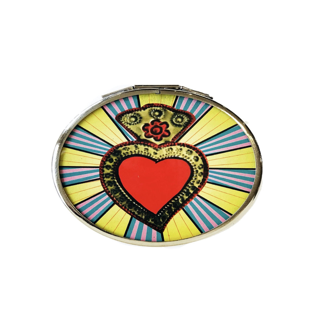 Doubled Pocket Mirror - Mexican Ex-Voto Heart By Wajiro Dream -Mexipop Art Design