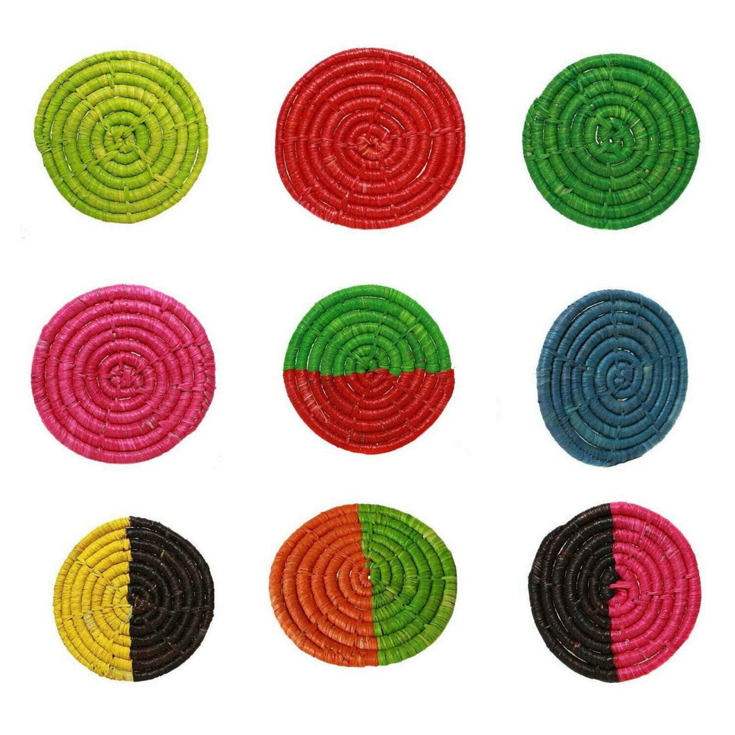 Set of 6 Multicolour Raffia Approx. 9 cm Ø Coasters Natural Dyes Eco Handmade Fair Trade Gift