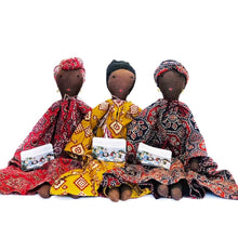 Load image into Gallery viewer, 3 african lady handmade dolls with head bandanas and earrings with colourful dresses
